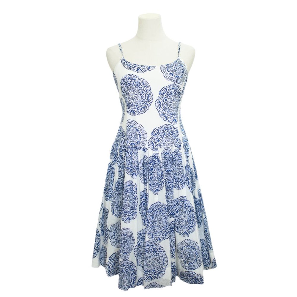 FOSSIL White Blue Floral Drop Waist Adjustable Strap Sundress Size 8